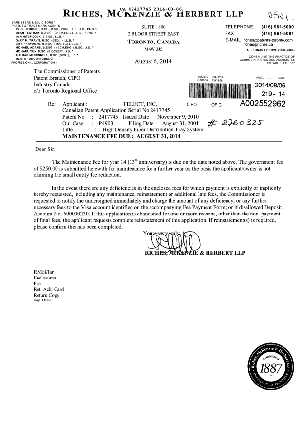 Document de brevet canadien 2417745. Taxes 20140806. Image 1 de 1