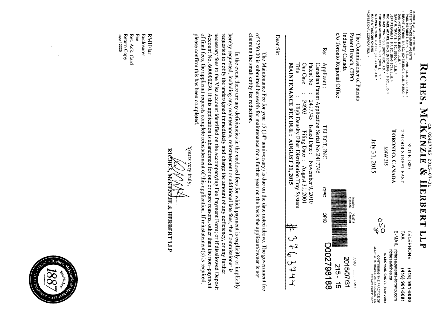 Document de brevet canadien 2417745. Paiement de taxe périodique 20150731. Image 1 de 1
