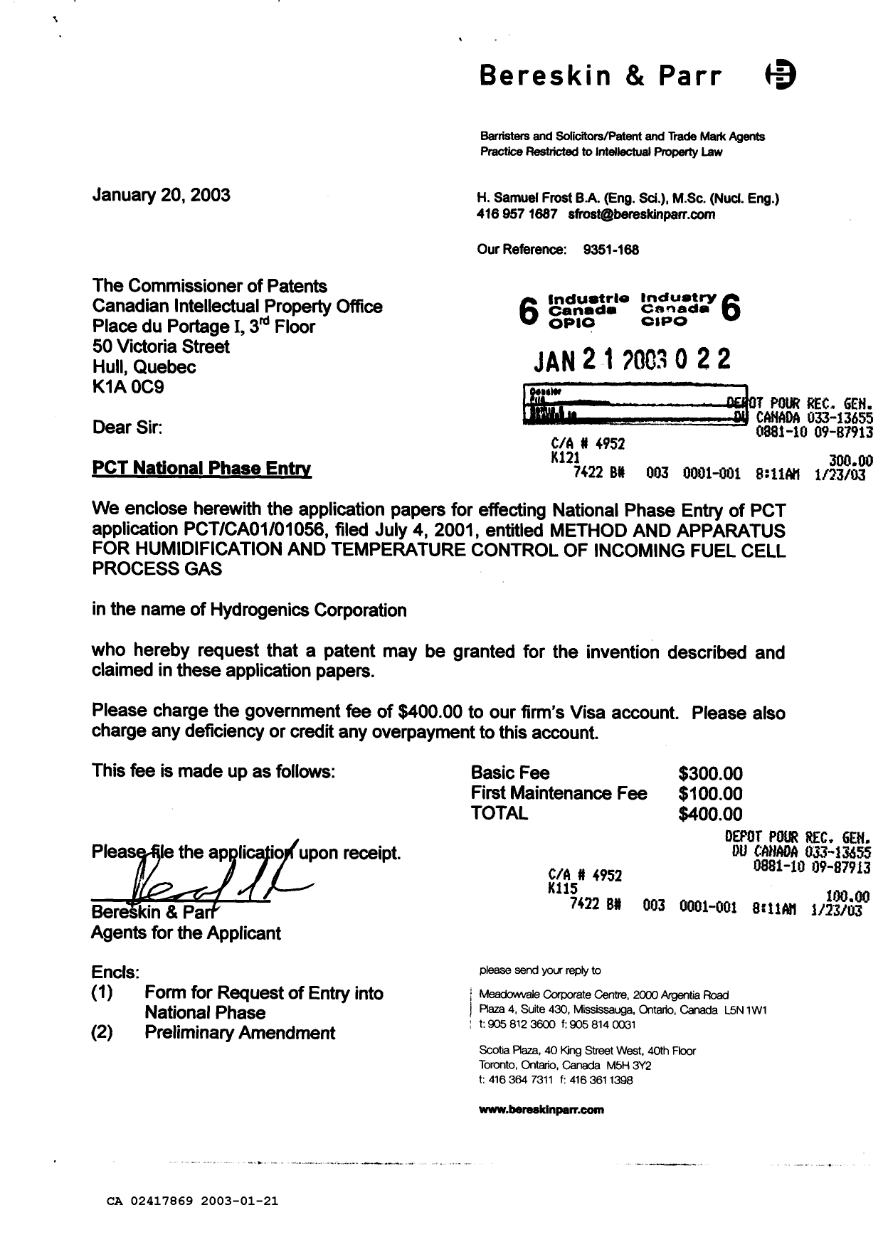 Document de brevet canadien 2417869. Cession 20030121. Image 1 de 3