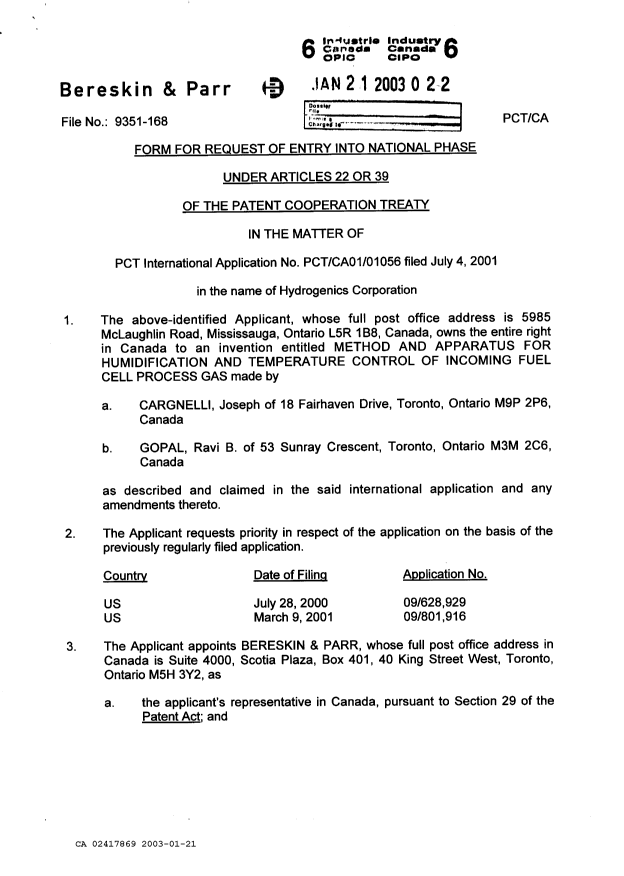 Canadian Patent Document 2417869. Assignment 20030121. Image 2 of 3