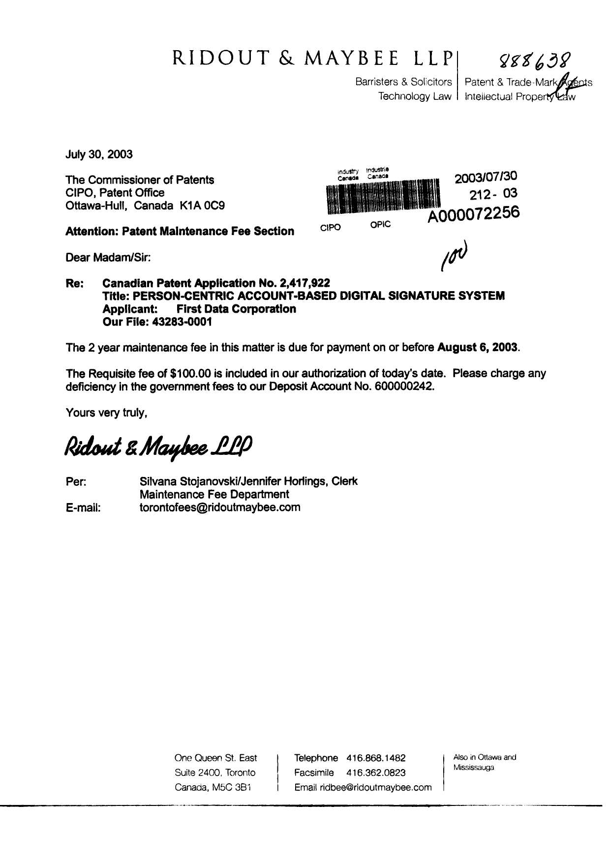 Document de brevet canadien 2417922. Taxes 20030730. Image 1 de 1