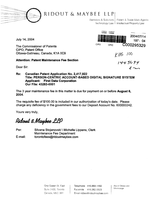 Canadian Patent Document 2417922. Fees 20040714. Image 1 of 1