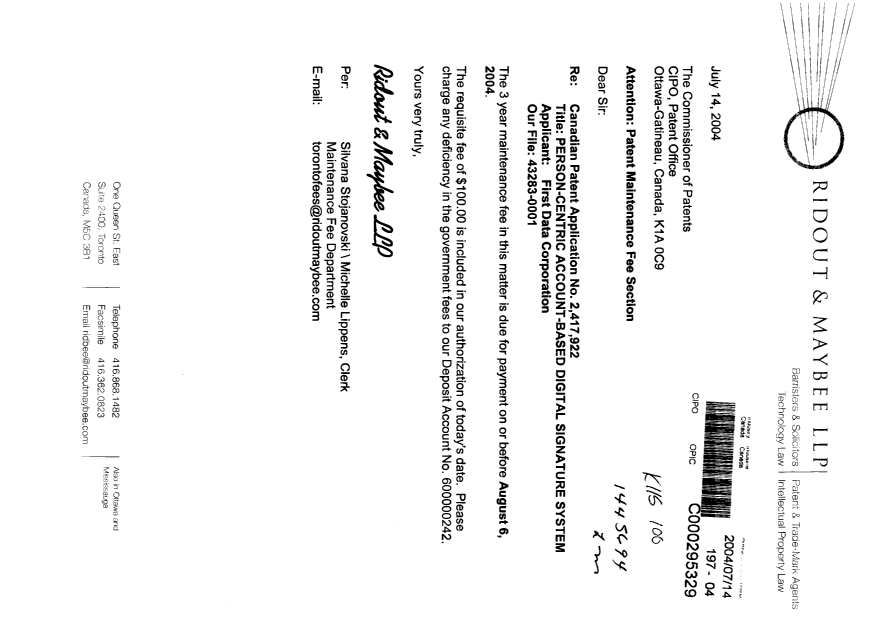 Document de brevet canadien 2417922. Taxes 20040714. Image 1 de 1
