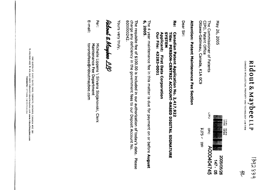 Document de brevet canadien 2417922. Taxes 20050526. Image 1 de 1