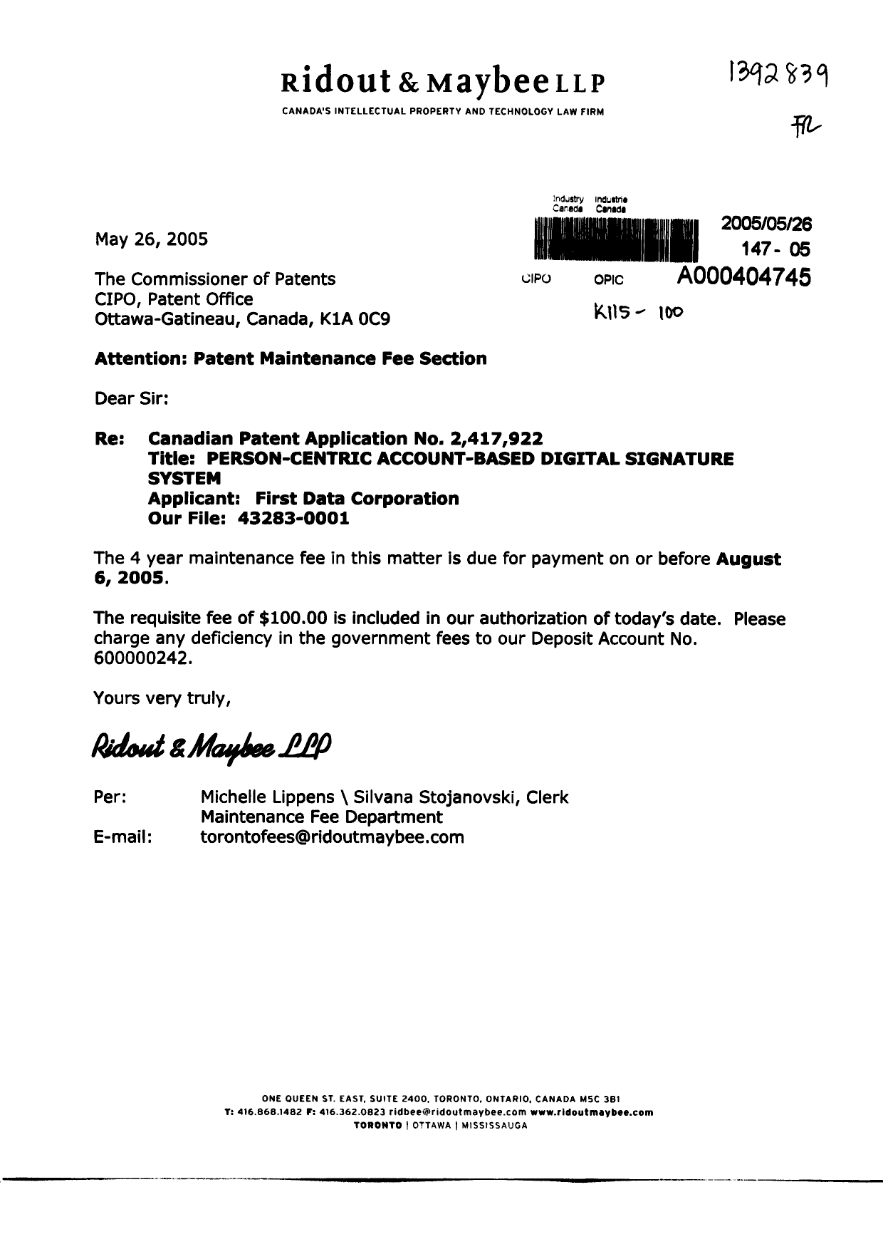 Document de brevet canadien 2417922. Taxes 20050526. Image 1 de 1
