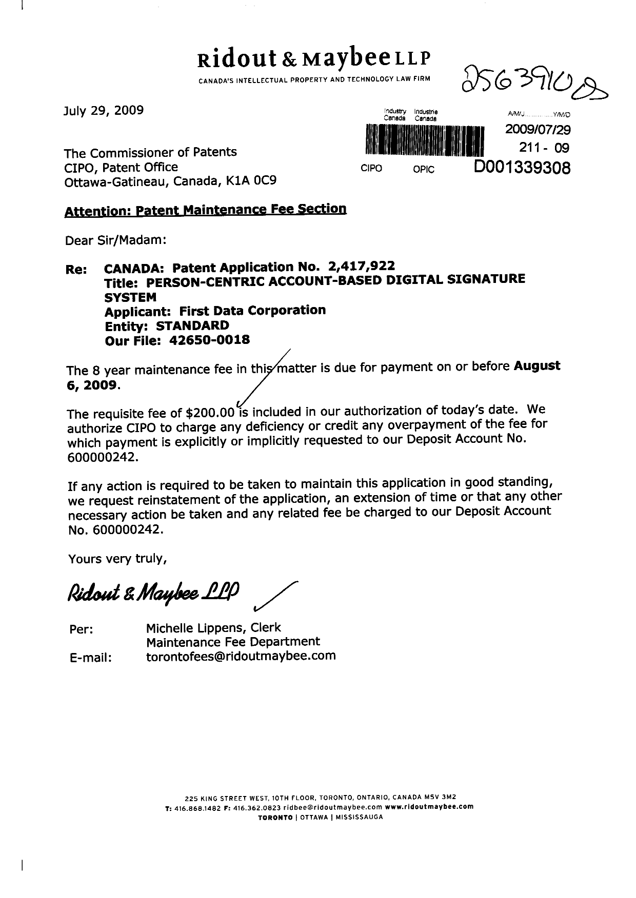 Document de brevet canadien 2417922. Taxes 20090729. Image 1 de 1