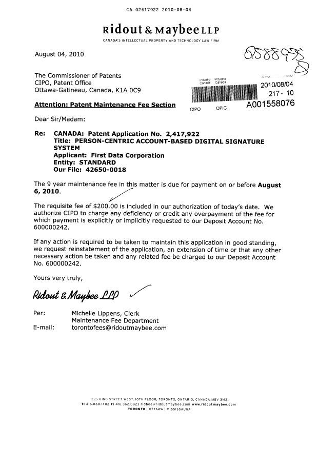 Canadian Patent Document 2417922. Fees 20100804. Image 1 of 1