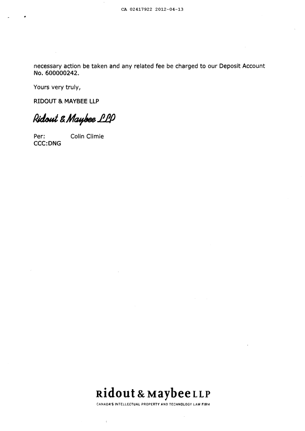 Document de brevet canadien 2417922. Correspondance 20120413. Image 2 de 2