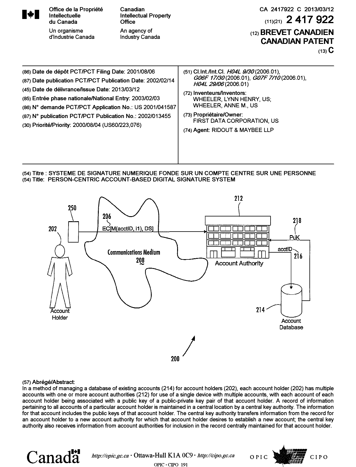 Document de brevet canadien 2417922. Page couverture 20130211. Image 1 de 1