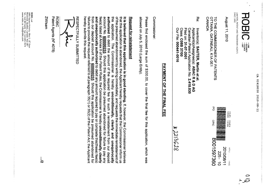 Document de brevet canadien 2418030. Correspondance 20100811. Image 1 de 2