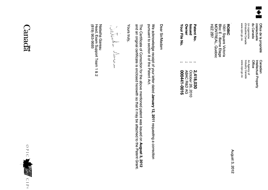 Document de brevet canadien 2418030. Poursuite-Amendment 20120803. Image 1 de 3
