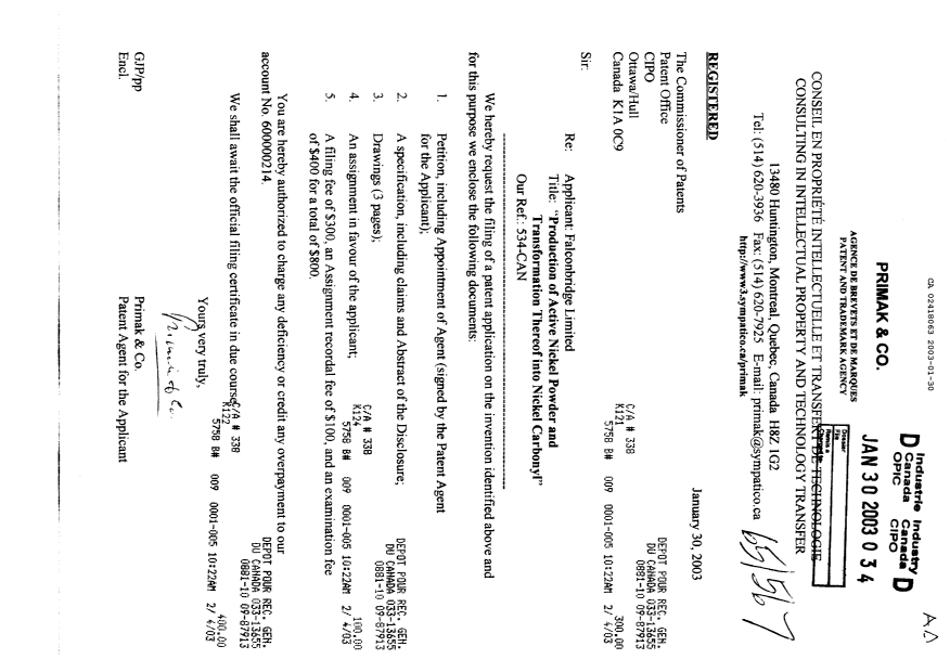 Document de brevet canadien 2418063. Cession 20030130. Image 1 de 3