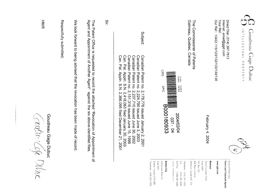 Document de brevet canadien 2418063. Correspondance 20040204. Image 1 de 2