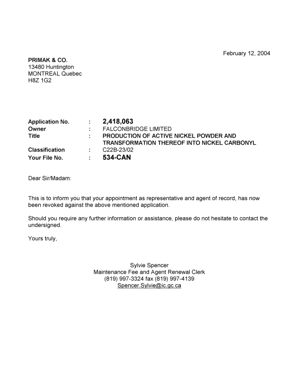 Document de brevet canadien 2418063. Correspondance 20040212. Image 1 de 1