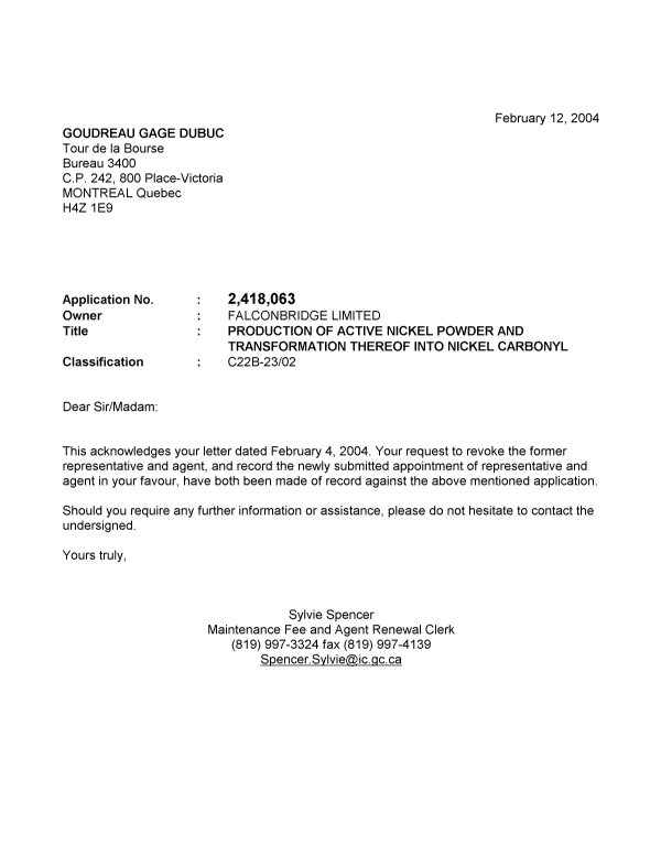 Document de brevet canadien 2418063. Correspondance 20040212. Image 1 de 1