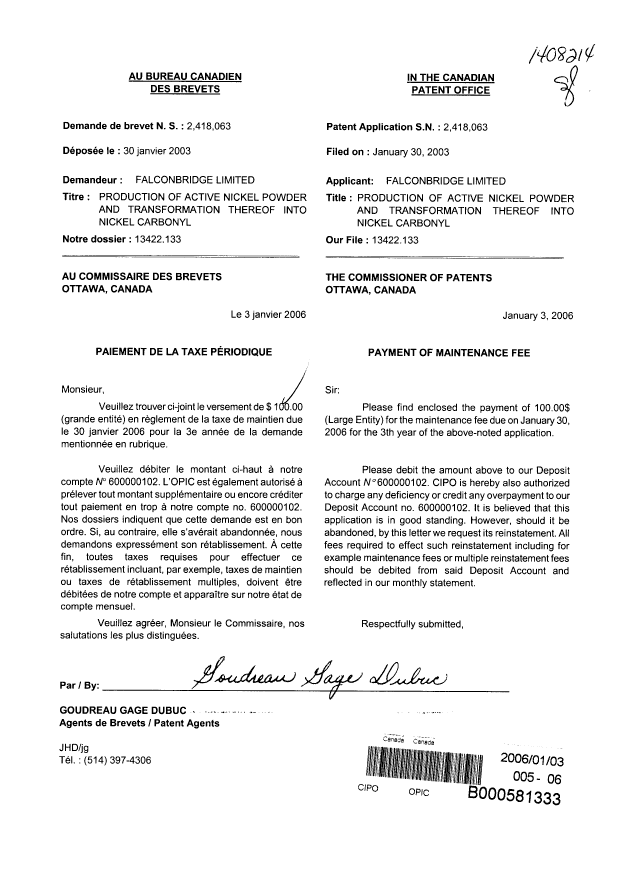 Document de brevet canadien 2418063. Taxes 20060103. Image 1 de 1