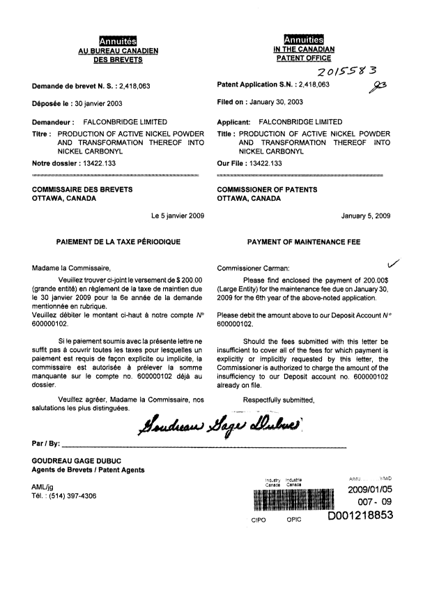 Document de brevet canadien 2418063. Taxes 20090105. Image 1 de 1