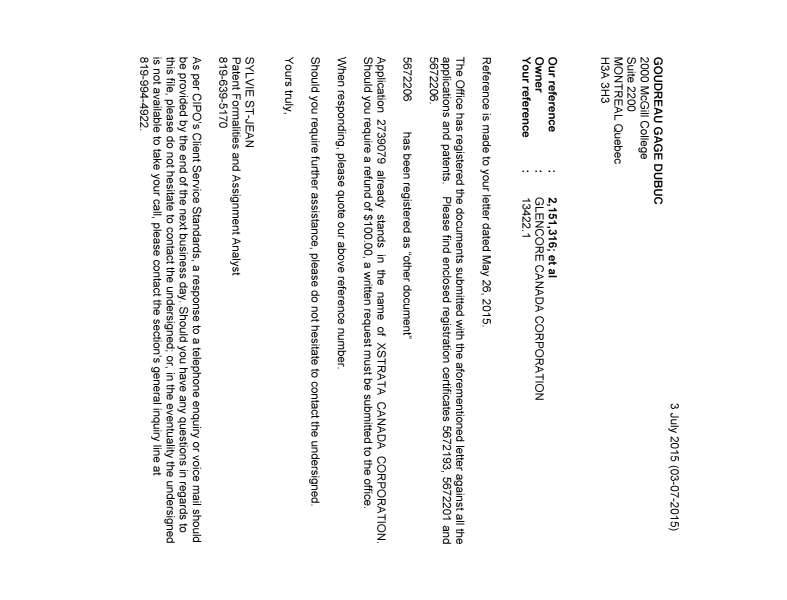 Document de brevet canadien 2418063. Correspondance 20150630. Image 1 de 1