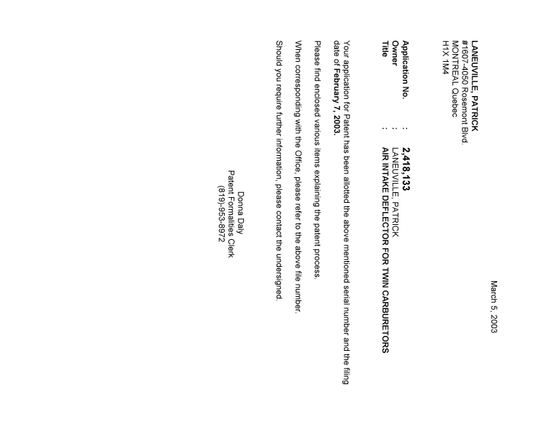 Document de brevet canadien 2418133. Correspondance 20030305. Image 1 de 1
