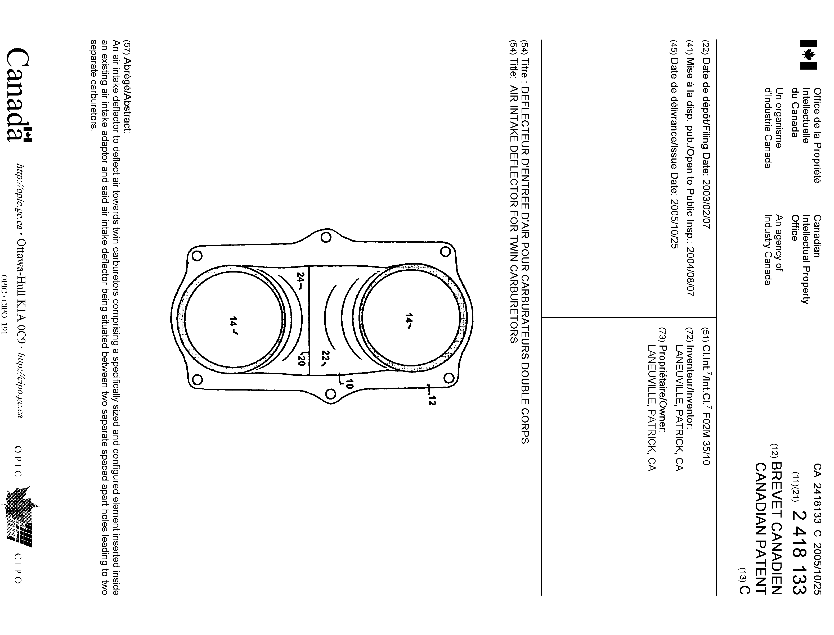 Canadian Patent Document 2418133. Cover Page 20041206. Image 1 of 1