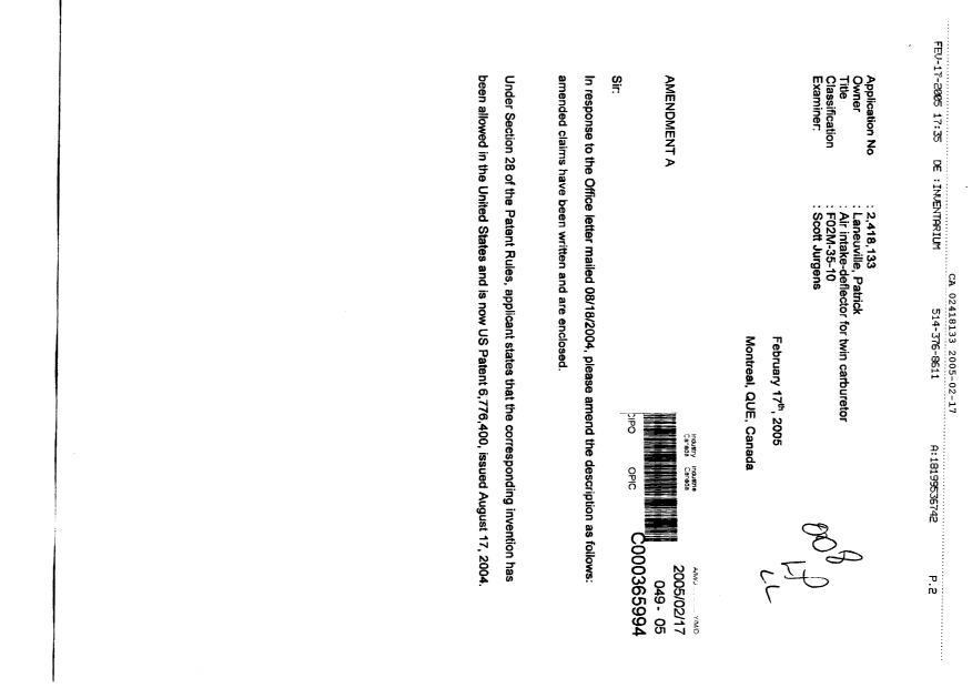 Document de brevet canadien 2418133. Poursuite-Amendment 20041217. Image 1 de 9