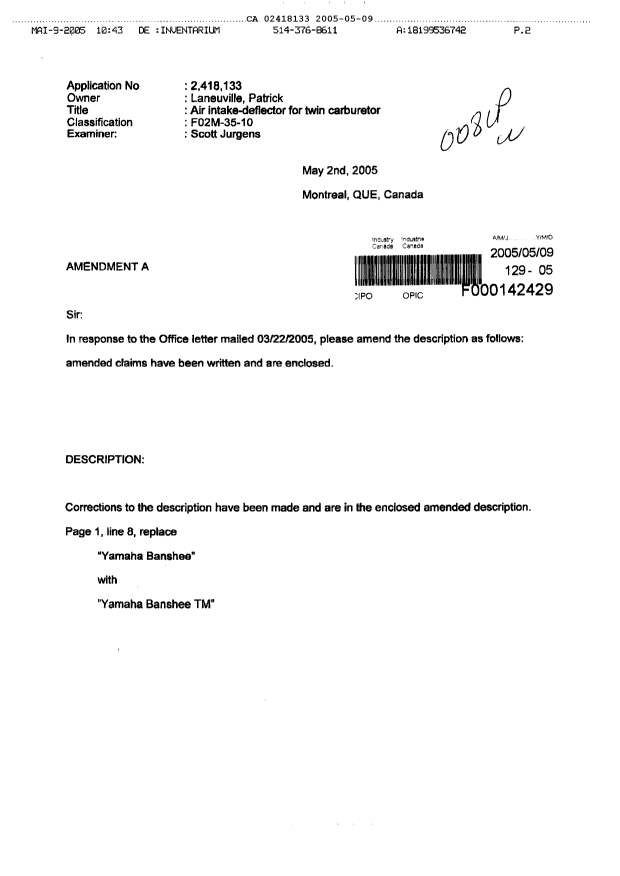 Canadian Patent Document 2418133. Prosecution-Amendment 20050509. Image 1 of 8
