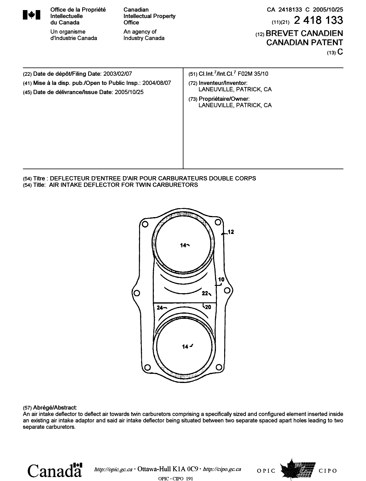 Document de brevet canadien 2418133. Page couverture 20051006. Image 1 de 1
