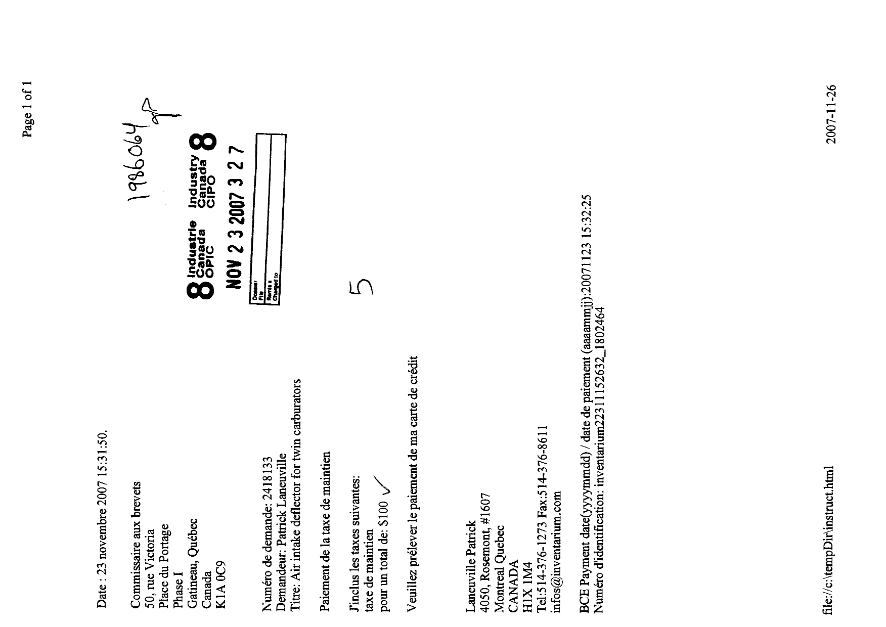 Document de brevet canadien 2418133. Taxes 20061223. Image 1 de 1