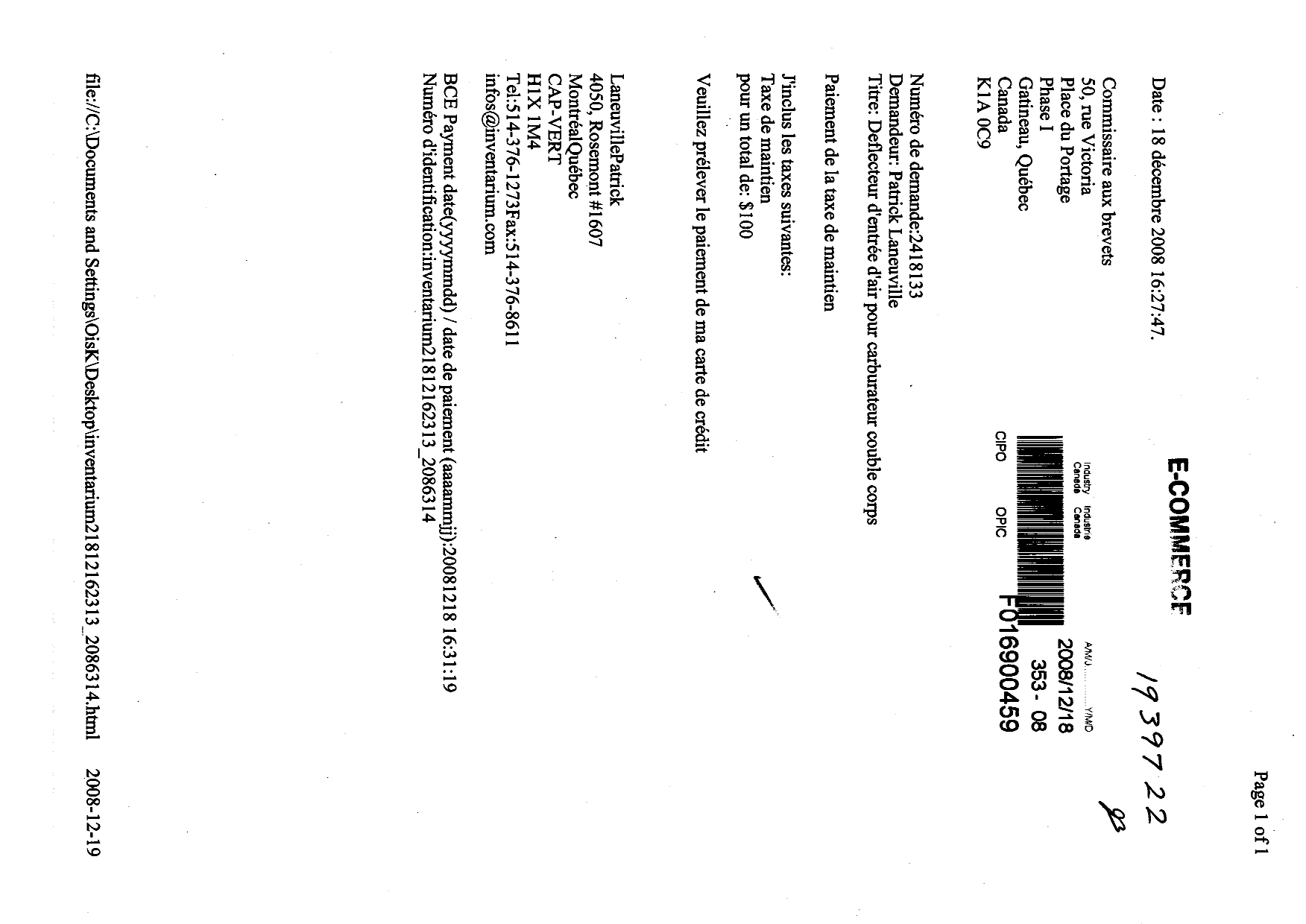 Document de brevet canadien 2418133. Taxes 20071218. Image 1 de 1