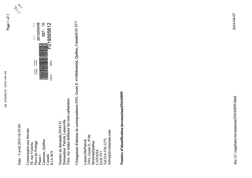 Document de brevet canadien 2418133. Correspondance 20091206. Image 1 de 1