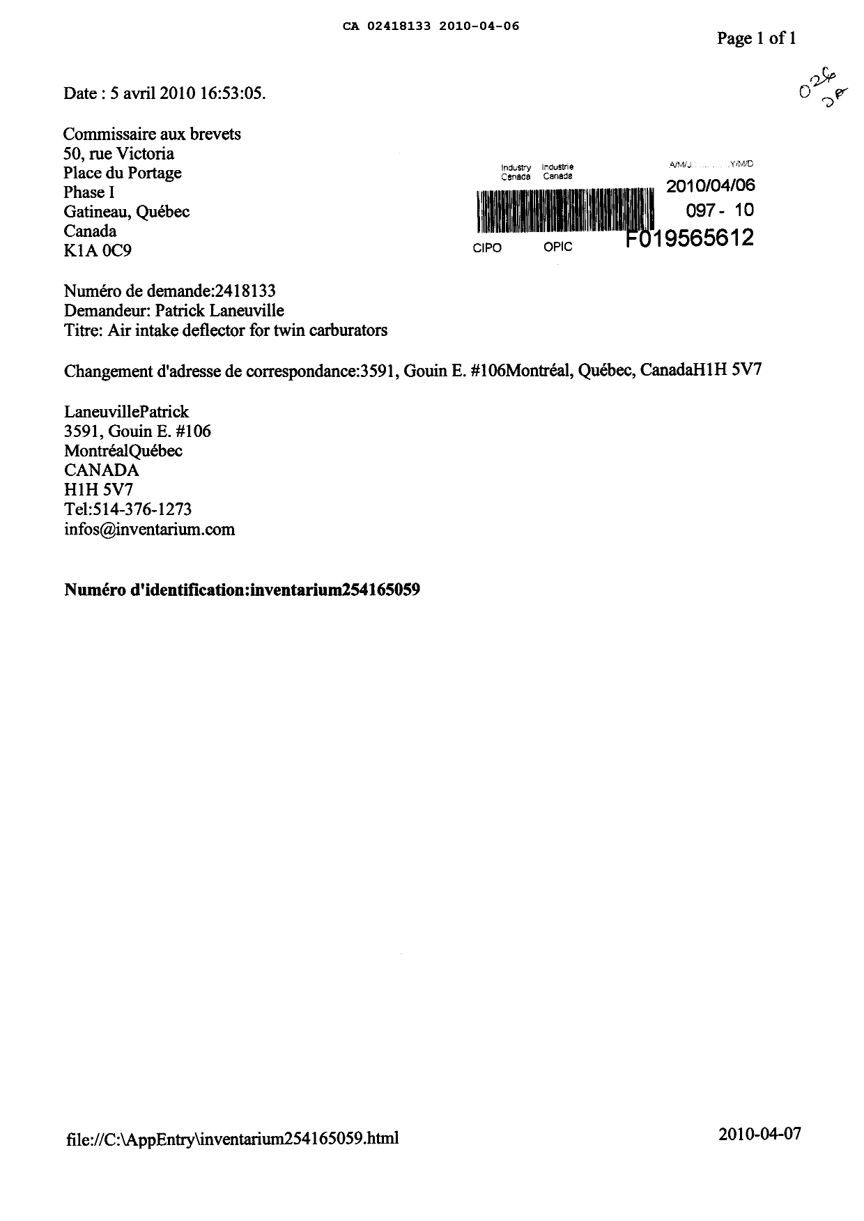 Document de brevet canadien 2418133. Correspondance 20100406. Image 1 de 1
