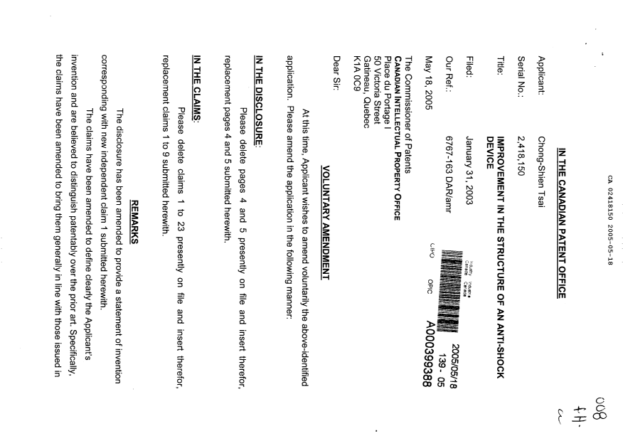 Document de brevet canadien 2418150. Poursuite-Amendment 20050518. Image 1 de 7