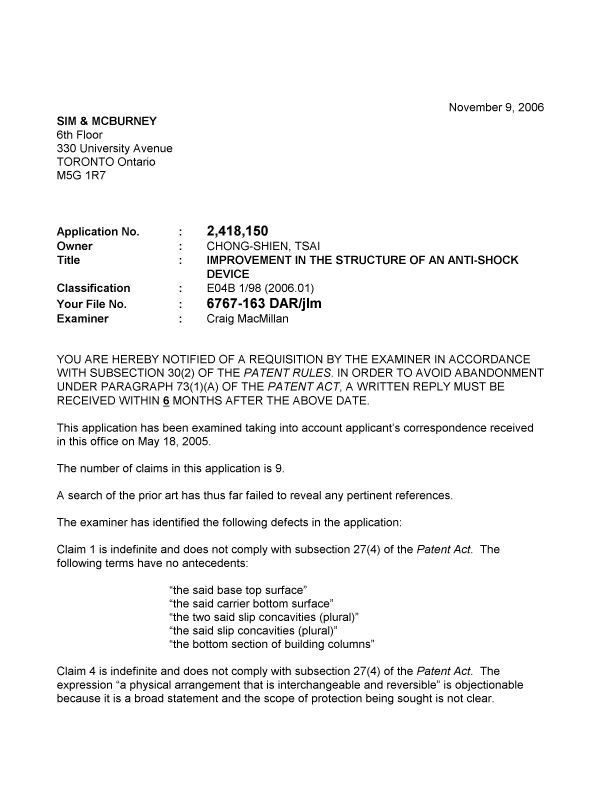 Canadian Patent Document 2418150. Prosecution-Amendment 20061109. Image 1 of 2