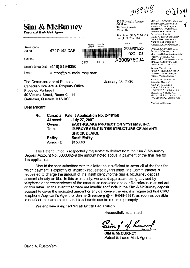 Document de brevet canadien 2418150. Correspondance 20080128. Image 1 de 2
