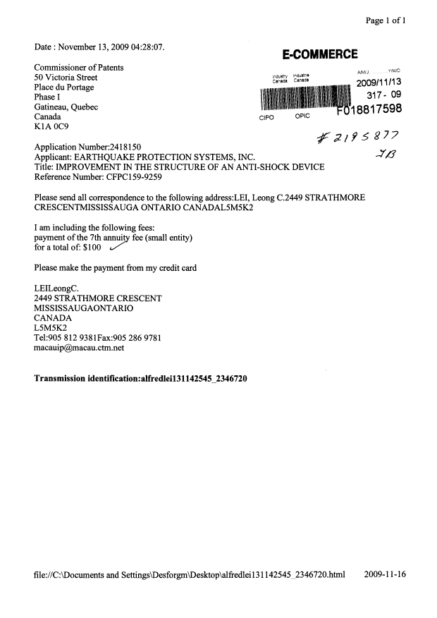 Document de brevet canadien 2418150. Taxes 20091113. Image 1 de 1