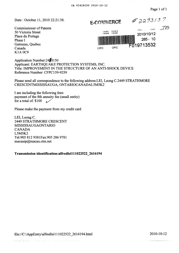 Document de brevet canadien 2418150. Taxes 20101012. Image 1 de 1
