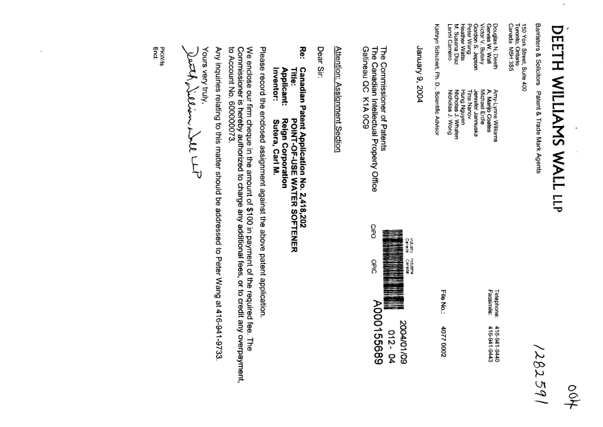 Document de brevet canadien 2418202. Cession 20040109. Image 1 de 7