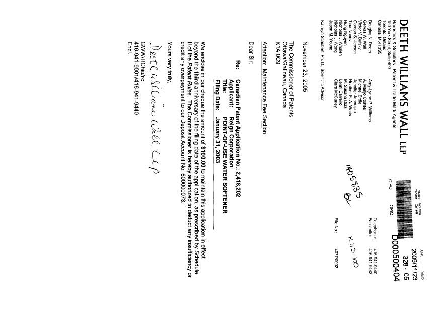 Document de brevet canadien 2418202. Taxes 20051123. Image 1 de 1