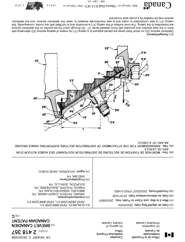 Canadian Patent Document 2418357. Cover Page 20101006. Image 1 of 1