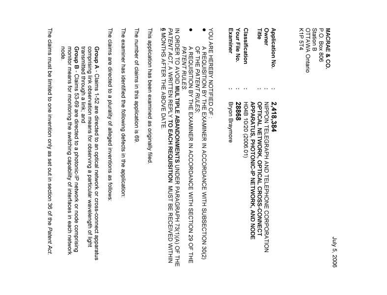 Document de brevet canadien 2418384. Poursuite-Amendment 20060705. Image 1 de 5