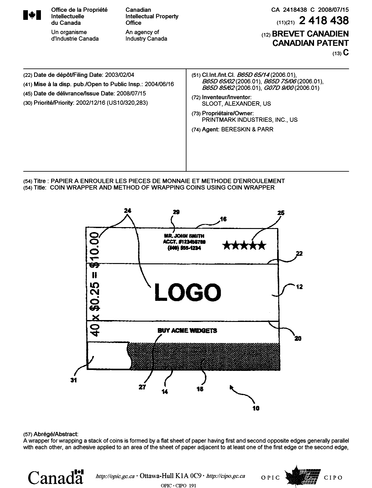Document de brevet canadien 2418438. Page couverture 20080617. Image 1 de 2