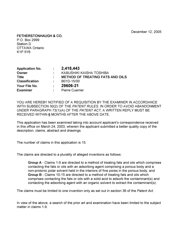 Document de brevet canadien 2418443. Poursuite-Amendment 20051212. Image 1 de 3