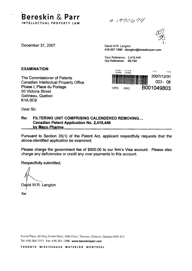 Document de brevet canadien 2418448. Poursuite-Amendment 20071231. Image 1 de 1