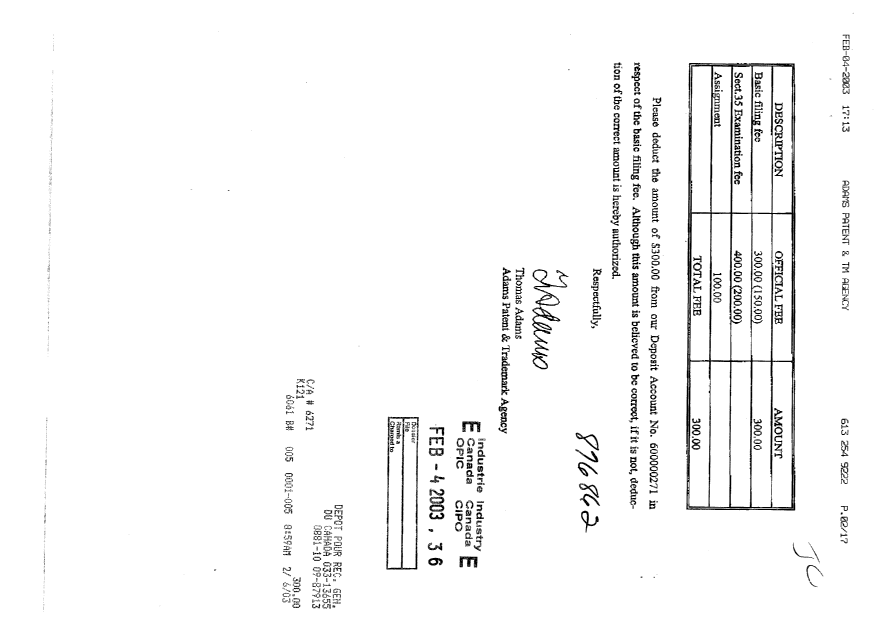 Document de brevet canadien 2418467. Cession 20030204. Image 1 de 4