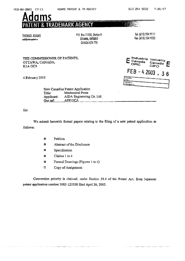 Document de brevet canadien 2418467. Cession 20030204. Image 2 de 4