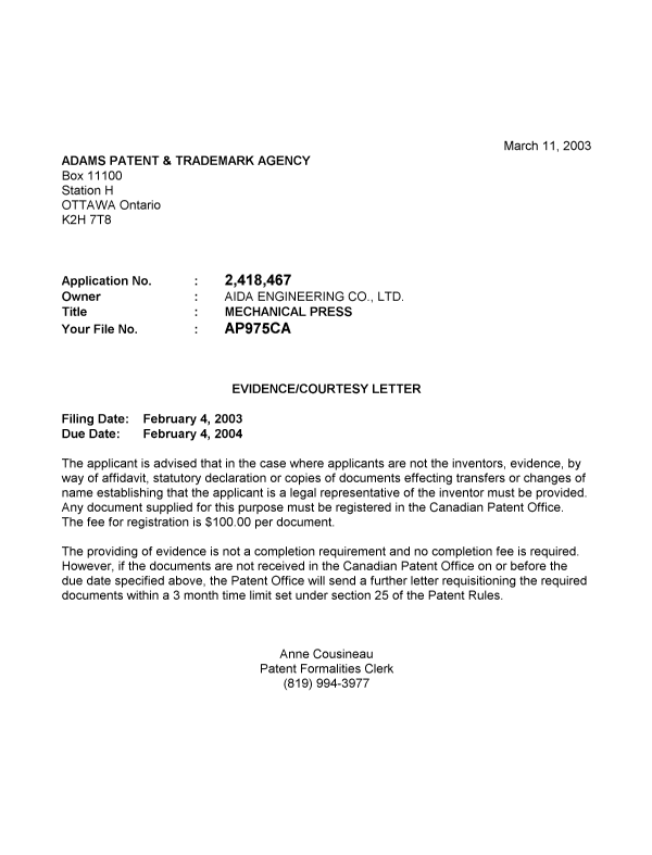 Canadian Patent Document 2418467. Correspondence 20030307. Image 1 of 1