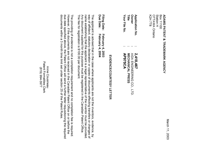 Document de brevet canadien 2418467. Correspondance 20030307. Image 1 de 1