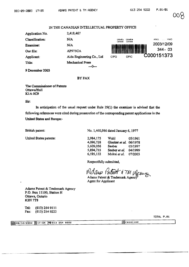 Canadian Patent Document 2418467. Prosecution-Amendment 20031209. Image 1 of 1