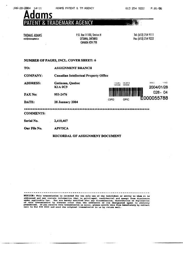 Document de brevet canadien 2418467. Cession 20040128. Image 6 de 6