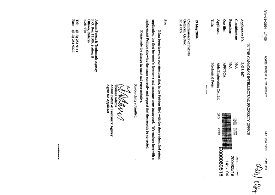 Document de brevet canadien 2418467. Correspondance 20040519. Image 1 de 3